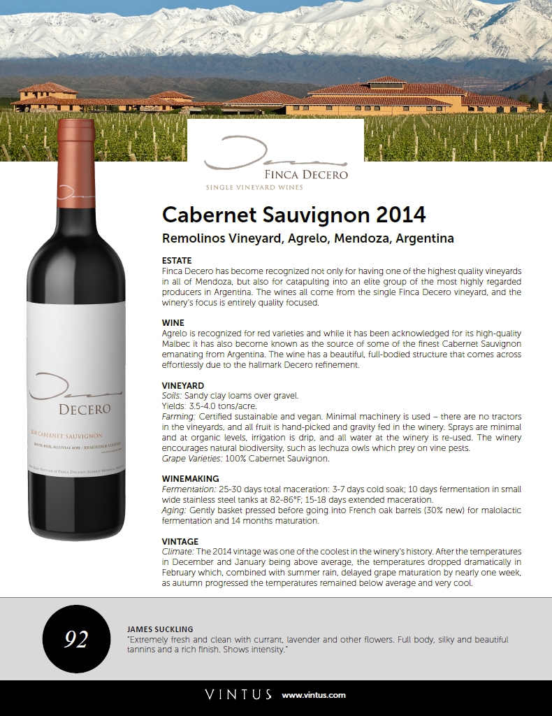 Finca Decero Sauvignon 2014 Tech Sheet (92 JS) Vintus